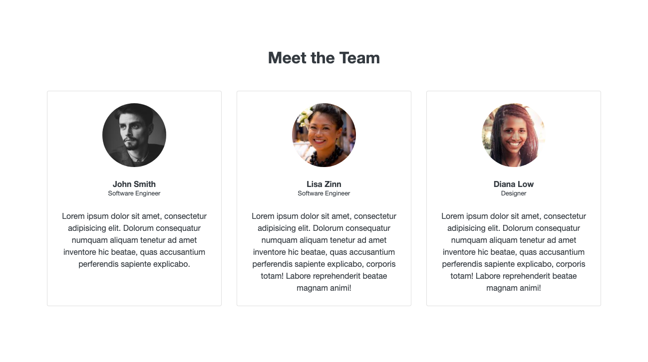 Team bios with avatar Bootstrap component
