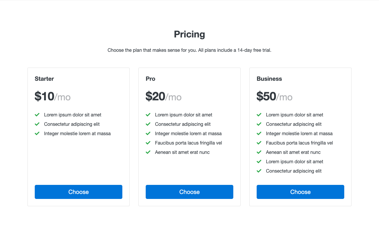 Pricing with 3 plans and feature list Bootstrap component