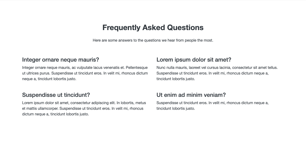 FAQ with two-column grid Bootstrap component