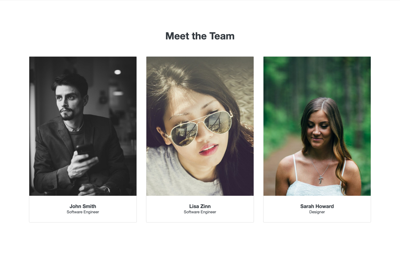 Team bios with full portrait image Bootstrap component