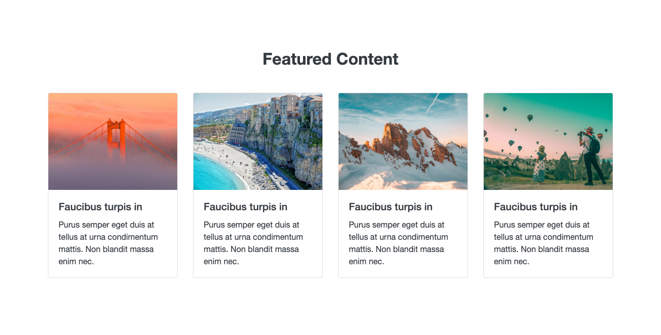 Cards with images in four-column grid Bootstrap component