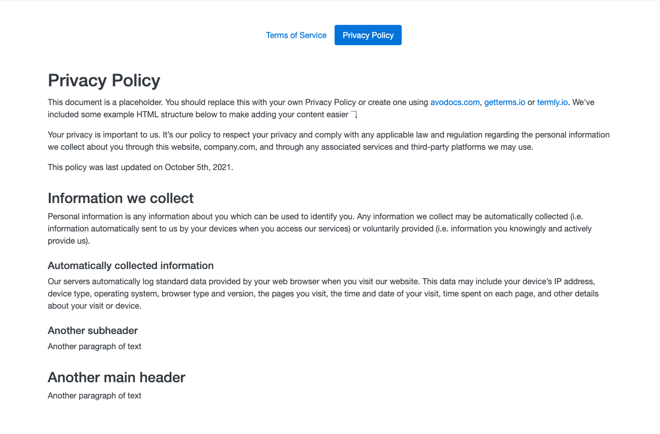 Privacy Policy Bootstrap component