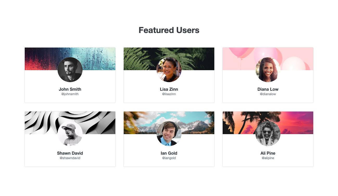 User cards with avatar and header image Bootstrap component