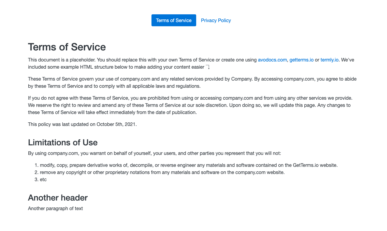 Terms of Service Bootstrap component
