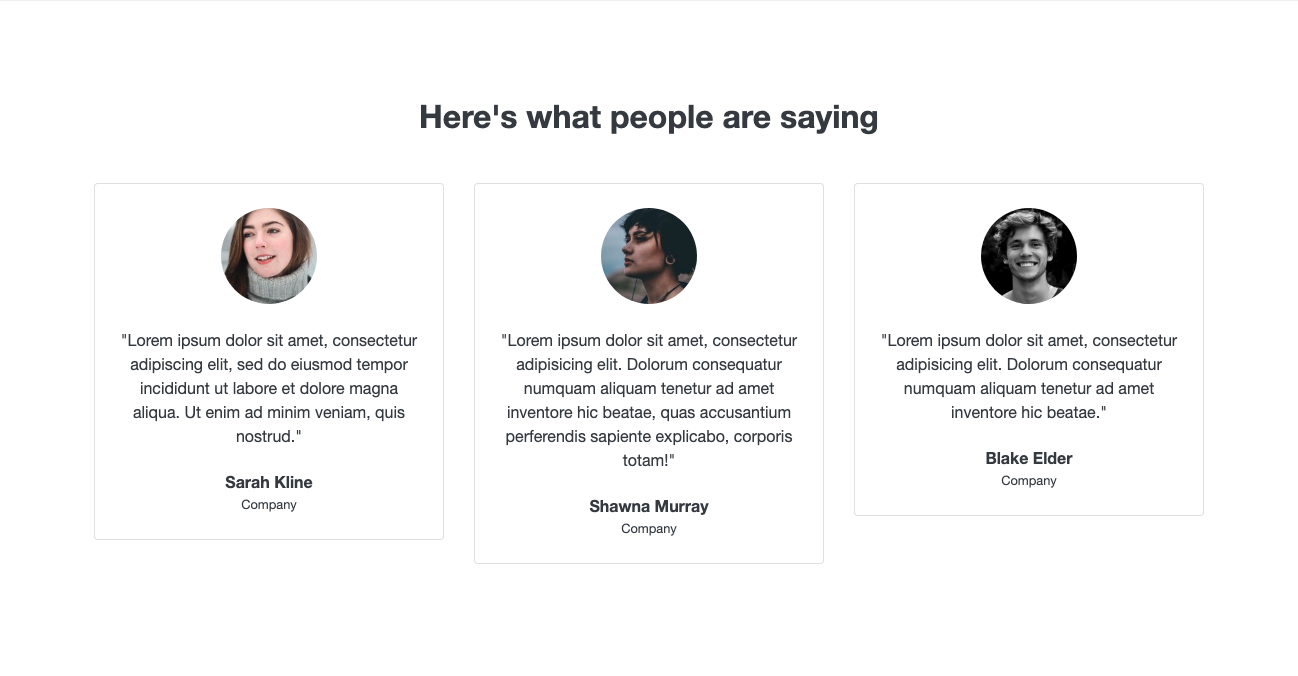 Testimonials centered with avatar at top Bootstrap component