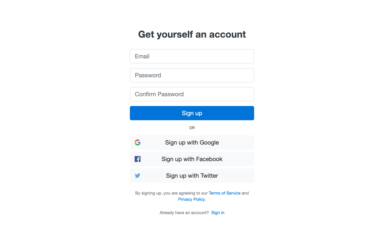 Sign up form with social options Bootstrap component