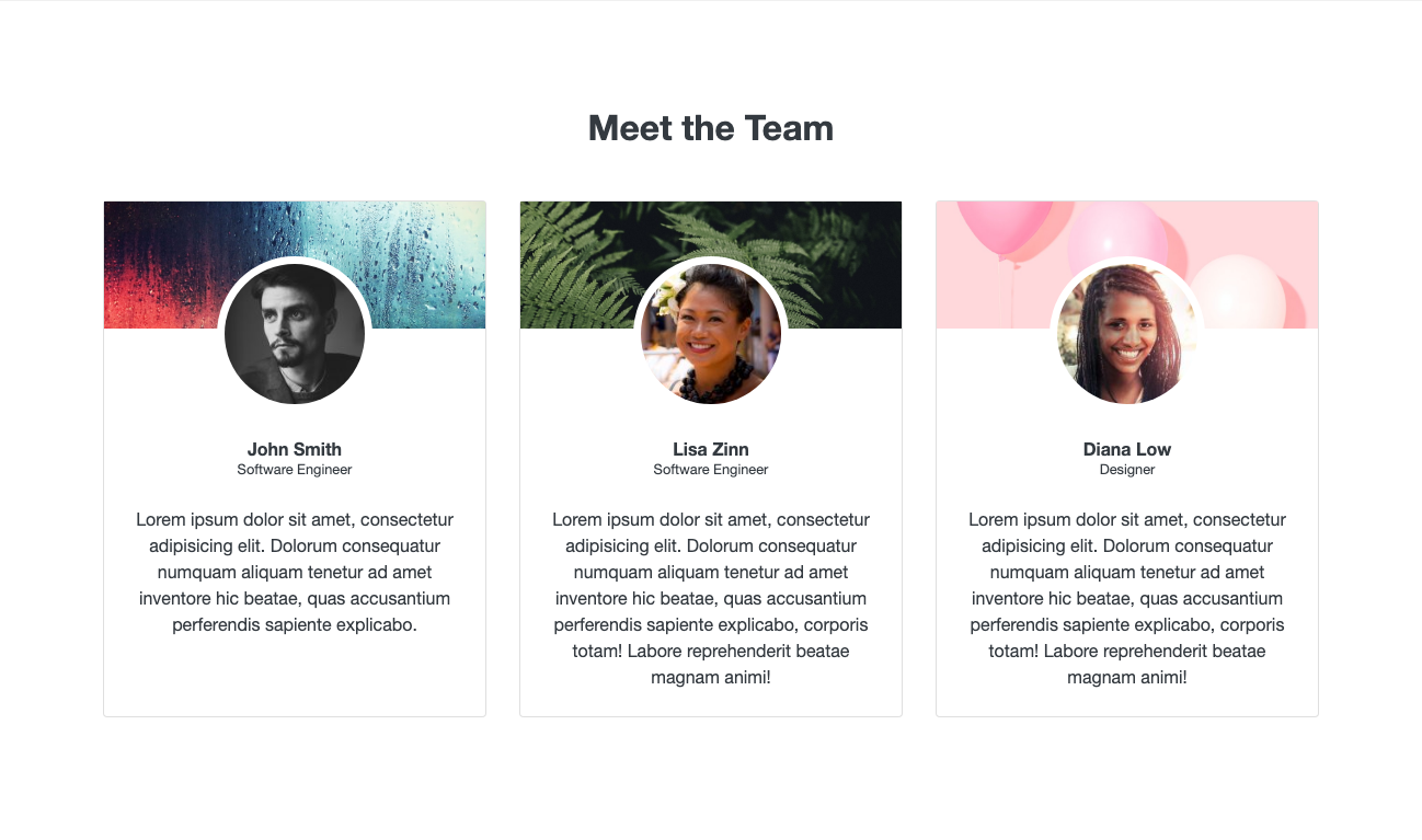 Team bios with header image Bootstrap component