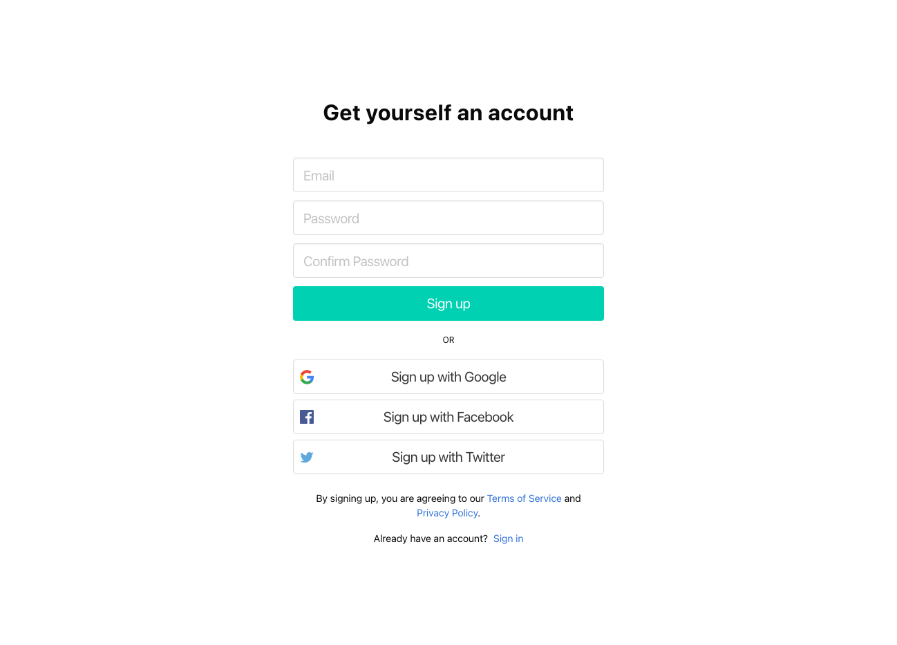 Sign up form with social options Bulma component