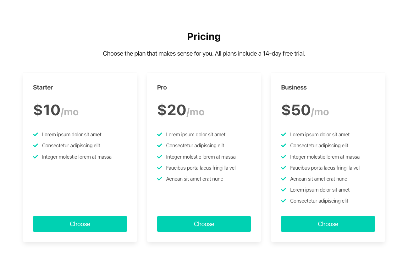 Pricing with 3 plans and feature list Bulma component