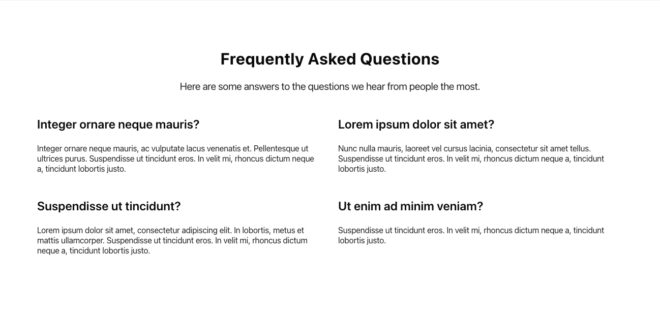 FAQ with two-column grid Bulma component