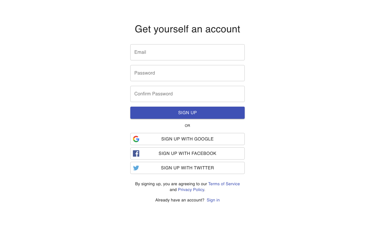Sign up form with social options Material UI component