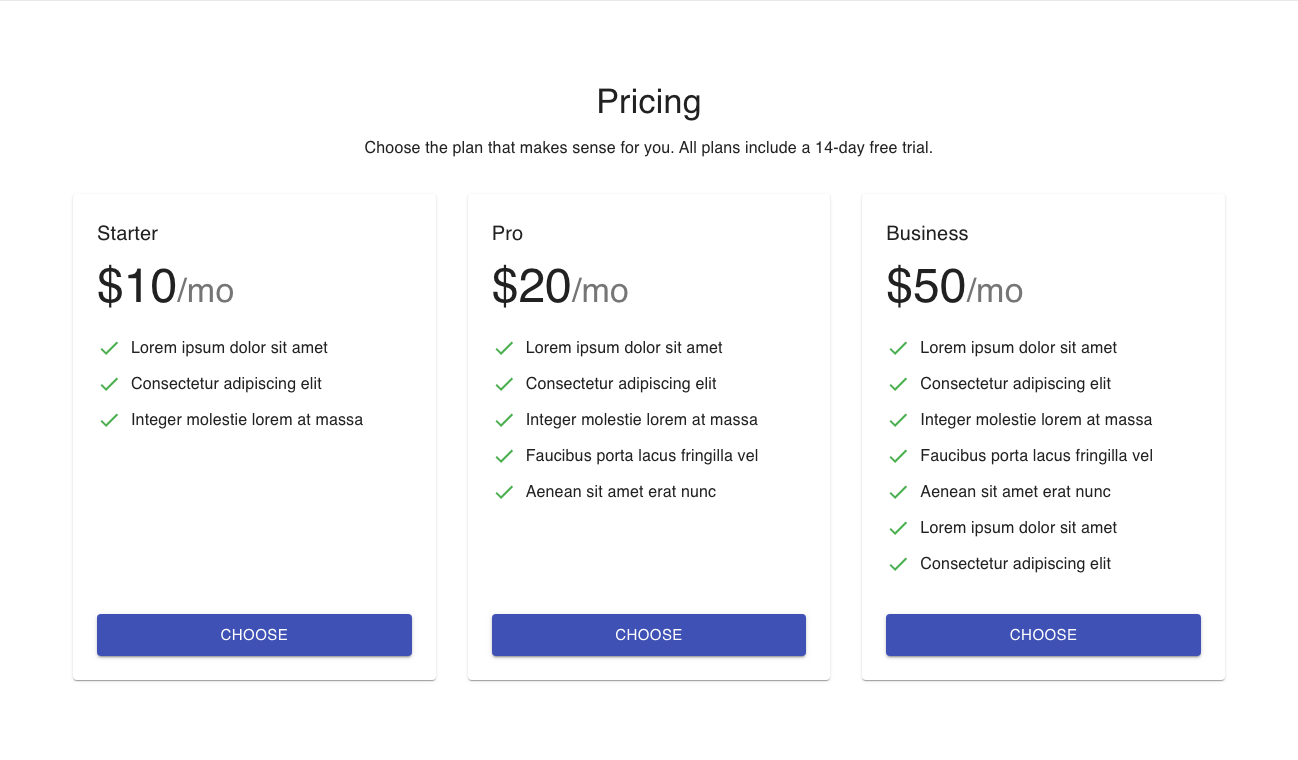 Pricing with 3 plans and feature list Material UI component