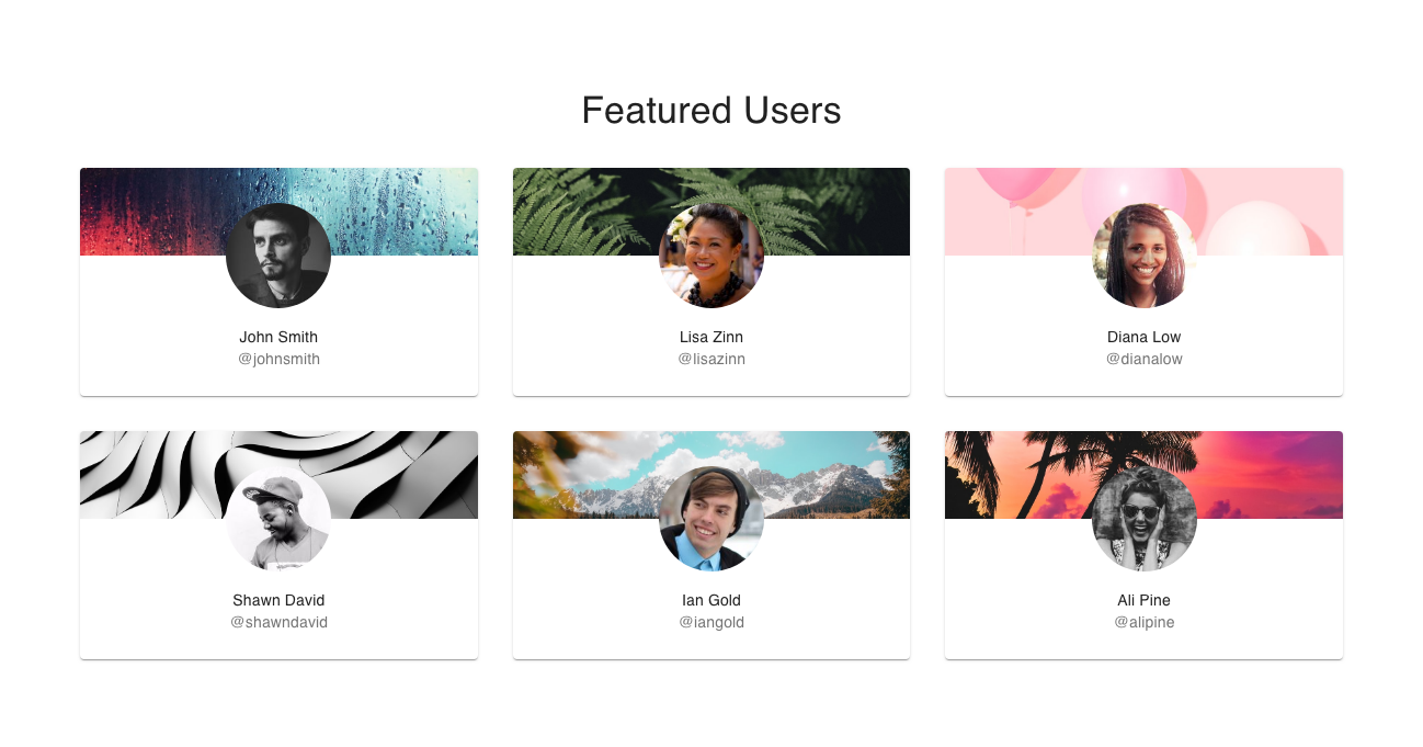 User cards with avatar and header image Material UI component