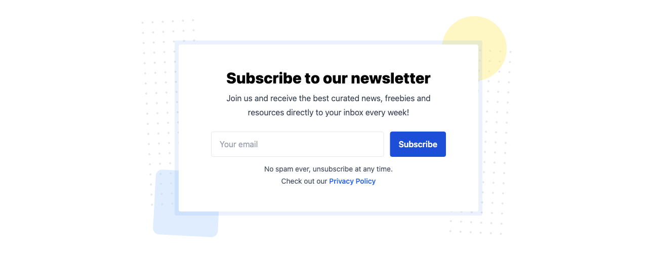 Newsletter with centered form in block with decorations Tailwind component