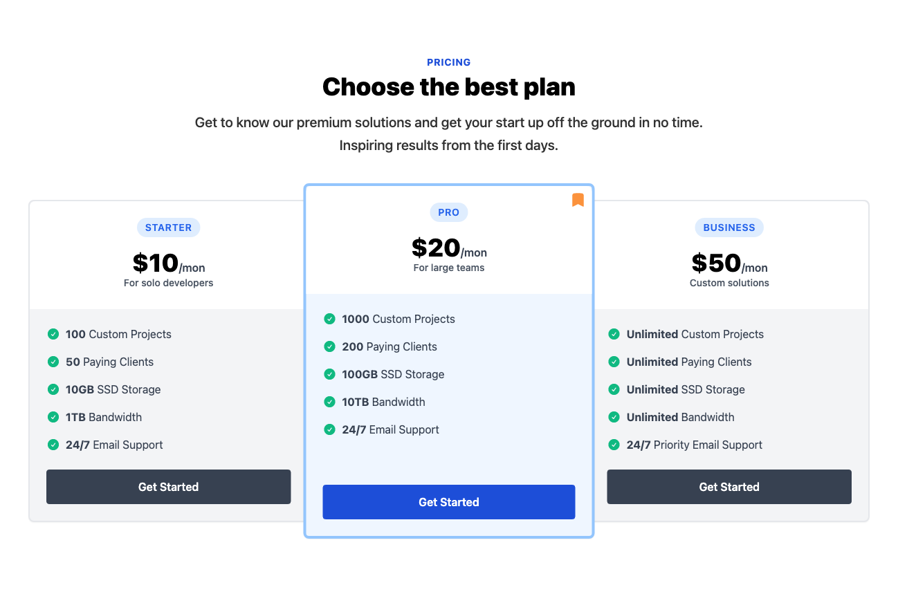 Pricing with 3 plans and feature list Tailwind component