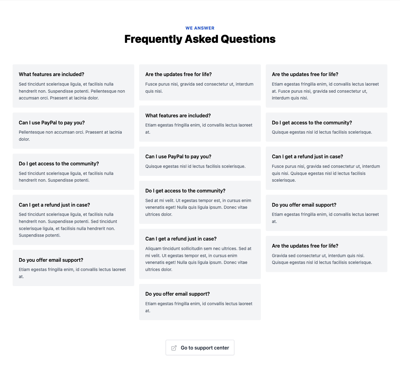 FAQ with 3 column grid and blocks Tailwind component