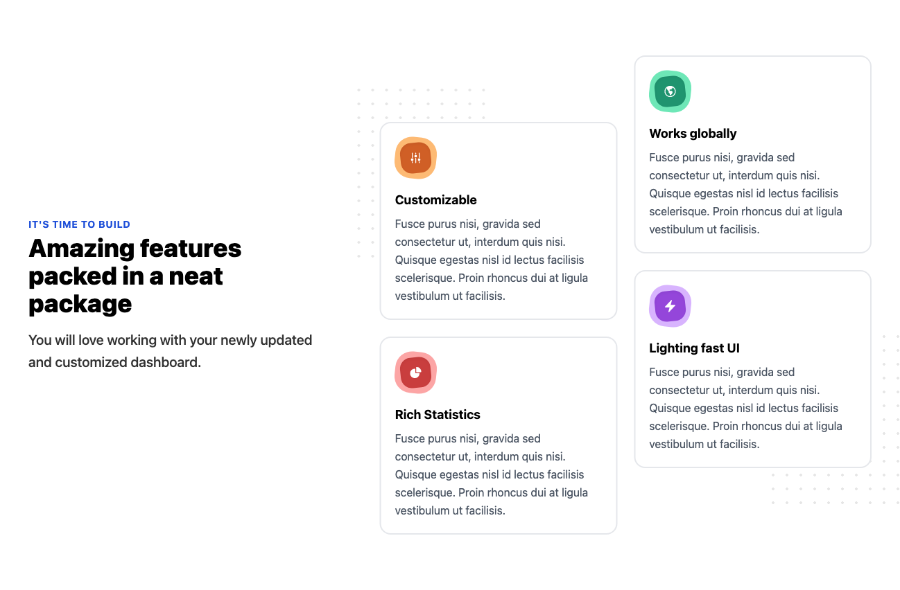 Features in two column grid with icons and decorations Tailwind component