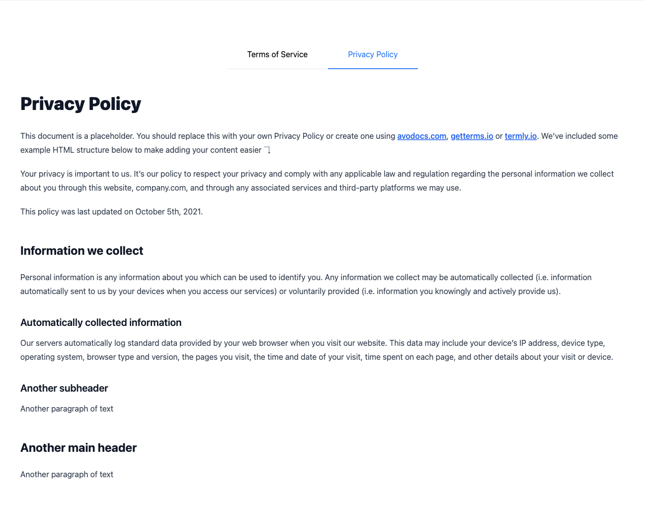 Privacy Policy Tailwind component