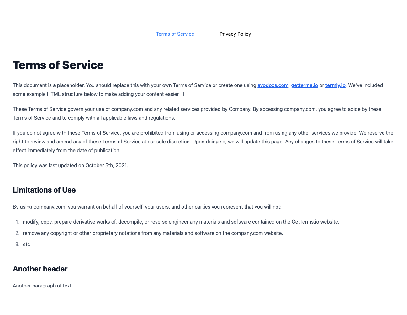 Terms of Service Tailwind component