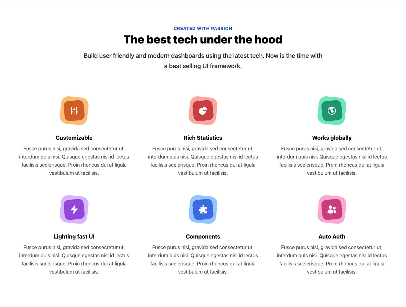 Features in three column grid with icons Tailwind component